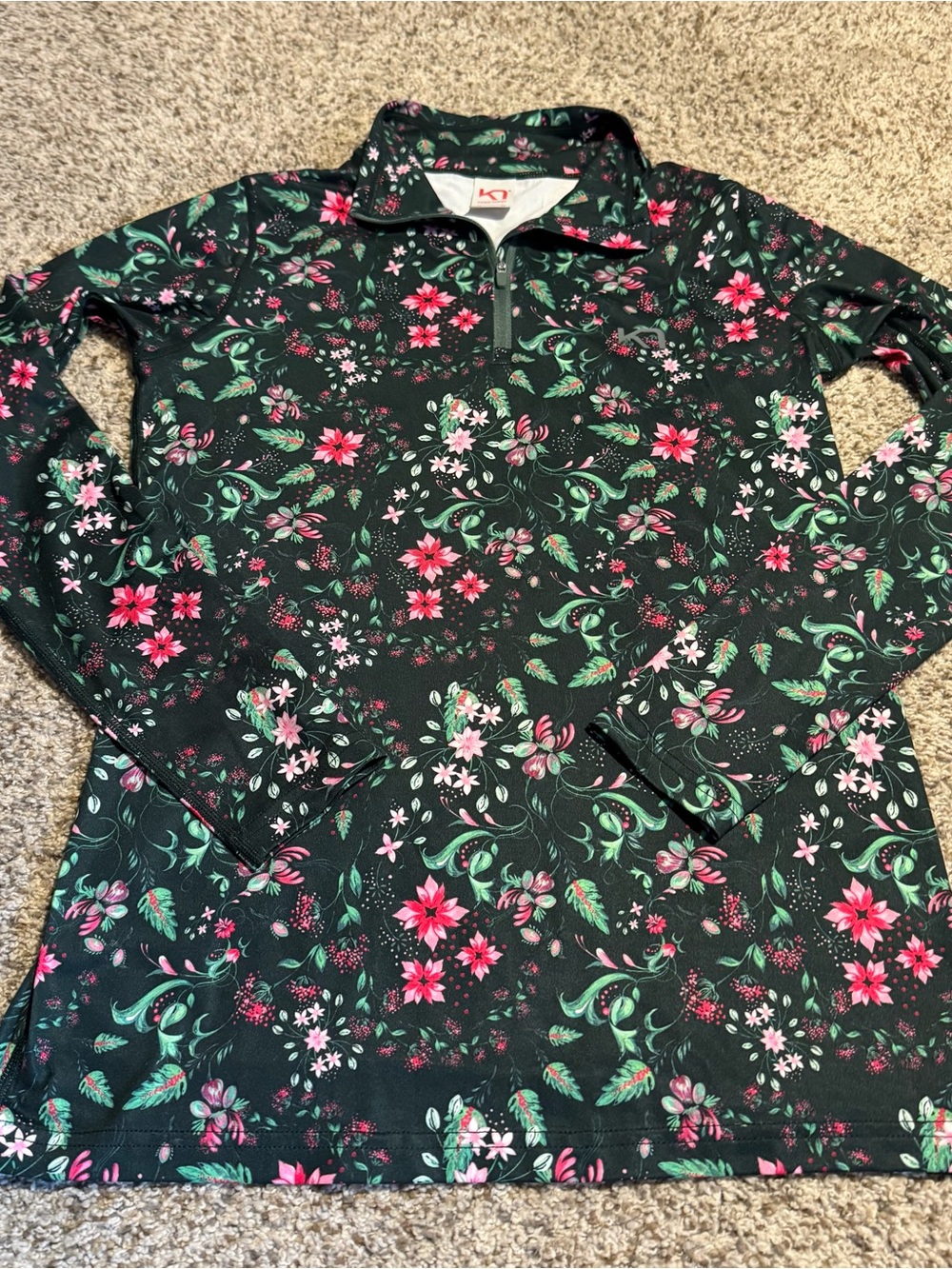 Kari Traa Fryd Floral Half-Zip Long Sleeve Top -  Pink & Green Flowers - M